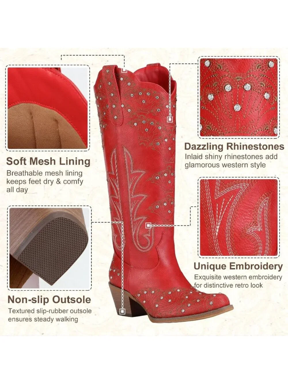 Women's Red Durable 3D Rhinestone Knee High Sparkly Embroidery Western Boots